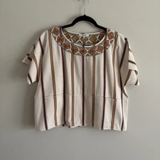 Madewell Women M Cotton Rocco Stripe Boho Short Sleeve Embroidered Boxy Top