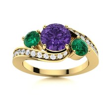 5MM Round Shape Amethyst  Emerald 925 Silver Gold Plated Three Stone Women Ring