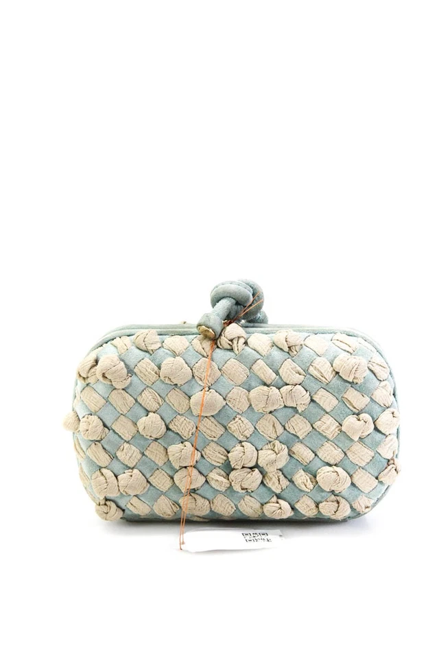 Bottega Veneta Womens Satin Chiffon Intrecciato Woven Knot Clutch Blue Handbag - Image 4 of 4