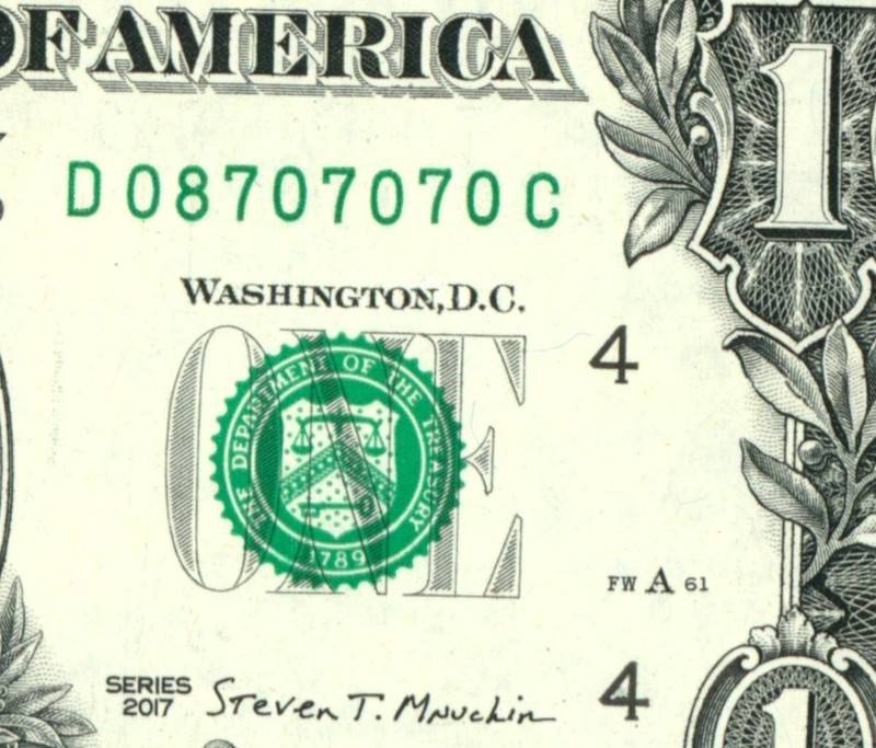 ((TRINARY - PARTIAL REPEATER)) $1 2017 (( 08707070 )) ((VF+)) FANCY SERIAL #