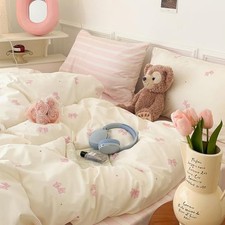 Nayoroom Cotton Pink Bow Duvet Cover Queen Reversible Striped Bedding Set