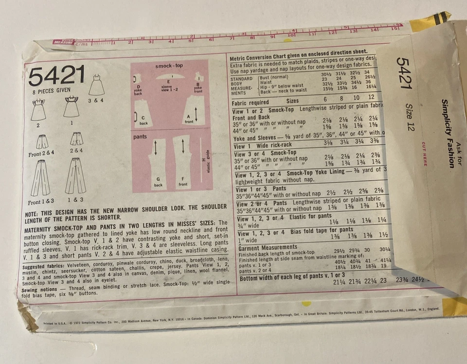 Simplicity Pattern 5421 Maternity Smock-Top Pants Size 12 Vintage 1972 Uncut - Image 3 of 4