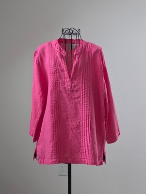Hot Cotton Marc Ware S 100% Linen Pink Tunic Top Pintuck Split Neck Made USA