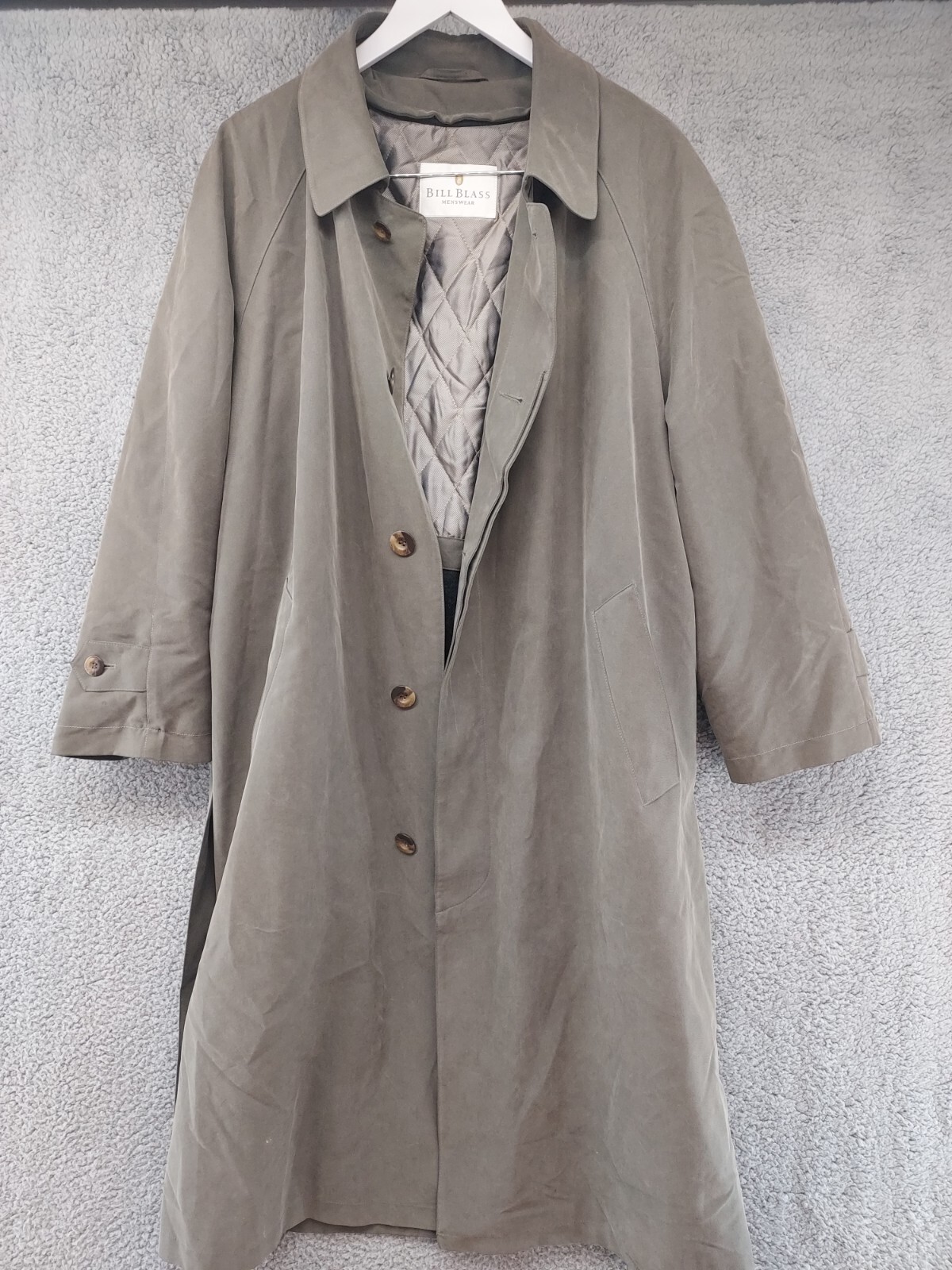 Bill Blass Men's Faded Green Long Trench Coat with Belt 40R Removable Liner Excellent Condition