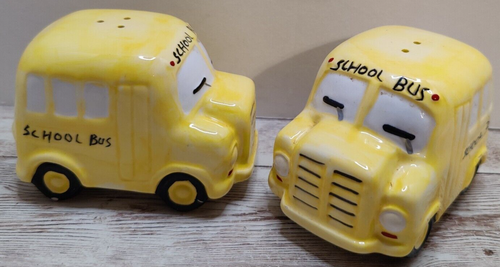 Vintage ~ Anthropomorphic School Bus Salt And Pepper Shakers With Stoppers.