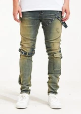 Embellish NYC Men's Topi Moto Buckle Straps Distressed Skinny Fit Denim Jeans