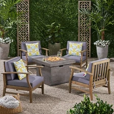 Easter Outdoor 5 Piece Acacia Wood Club Chair and Fire Pit Set, Gray Finish and