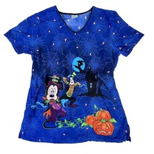 Disney Halloween Scrub Top Mickey Mouse Goofy Pumpkins Medical Dental Vet Small