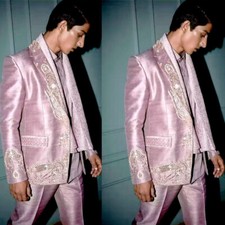 Pink Satin Crystal Beaded Men Suits Peak Lapel 2 Pieces Groom Wedding Tuxedos