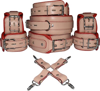 Natural Cow Hide Leather Padded 7 Pieces Wrist Ankle Thigh Cuffs Set & Collar