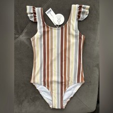 NEW RYLEE  CRU MULTI STRIPE FRILL ONE PIECE SWIMSUIT S I Z E : 4 / 5 years