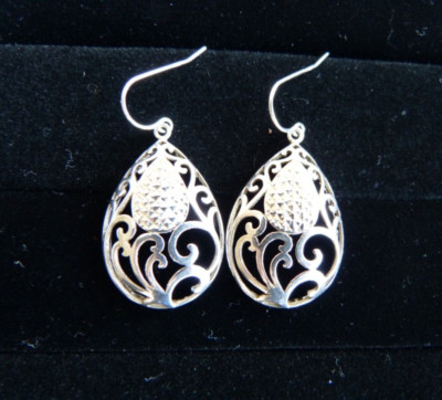 Pair Sterling Silver .925 Pineapple Open Scrollwork Oval Drop Earrings, VGC