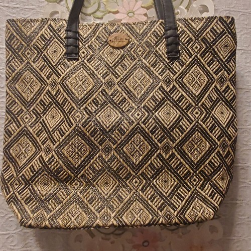 NOS große Cappelli StrawWorld gewebte Tasche geometrisch Boho verstärkte Lederriemen