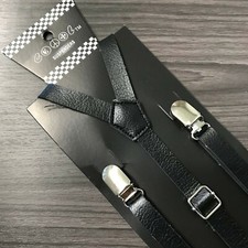 Black Faux Leather Vintage Skinny Adjustable 3 Clips Silver Clips-on Suspender