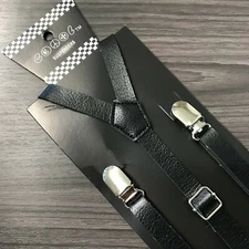 Black Faux Leather Vintage Skinny Adjustable 3 Clips Silver Clips-on Suspender