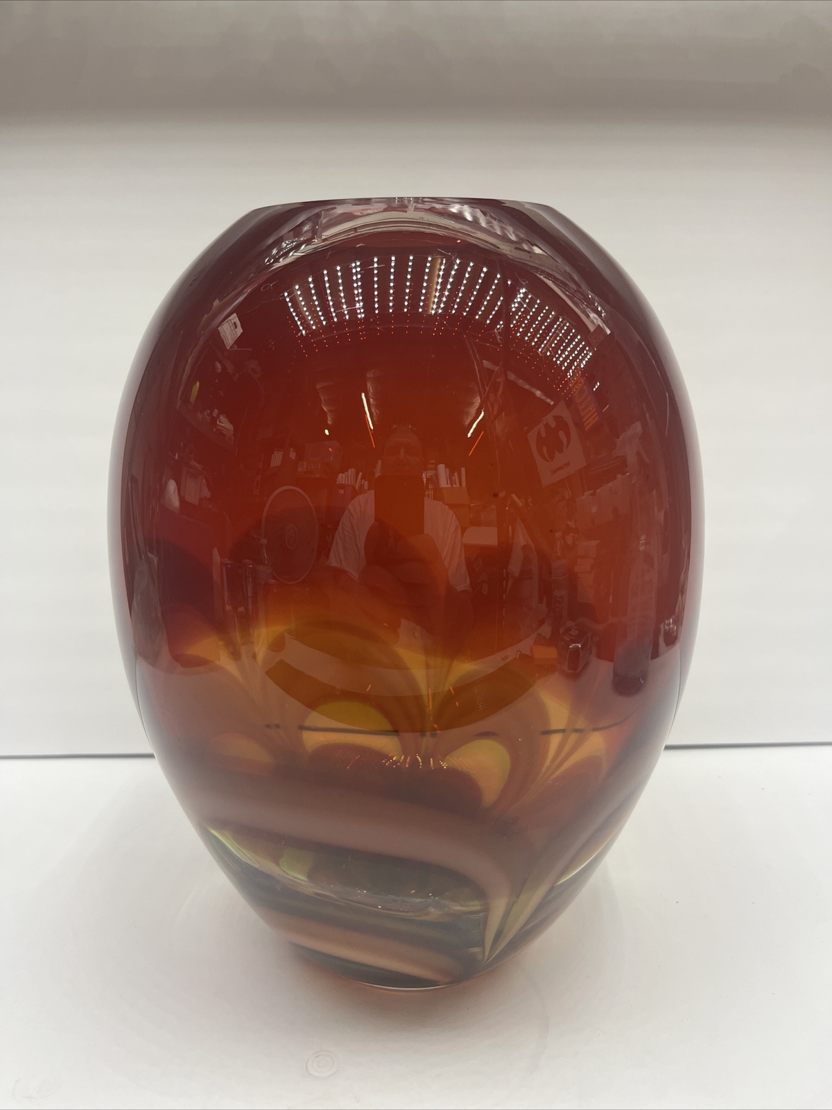 Waterford Crystal 11" Evolution Glass Red & Amber Swirl Hand Blown Vase