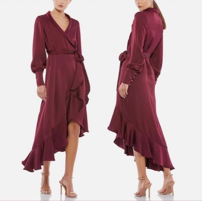 Mac Duggal Long Sleeve Faux Wrap Midi Dress In Wine Sz 14 New