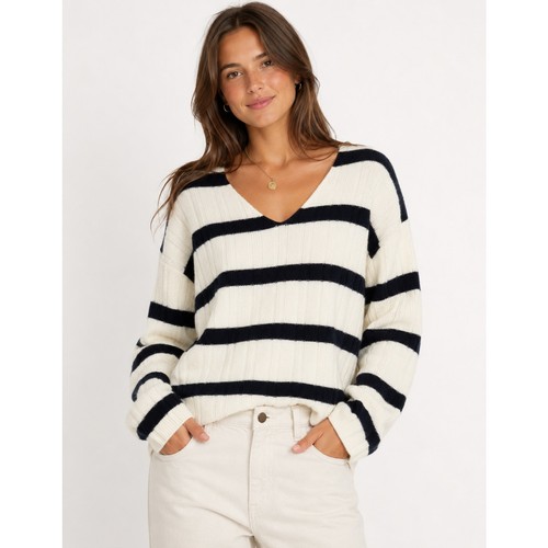 Jenni Kayne Womens Ivory & Navy Blue Stripe Pullover Sweater Cashmere Blend XS