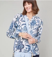 Spartina 449 Peoples Song Cora Silk Blouse Sz S Long Sleeve Floral Timeless Blue