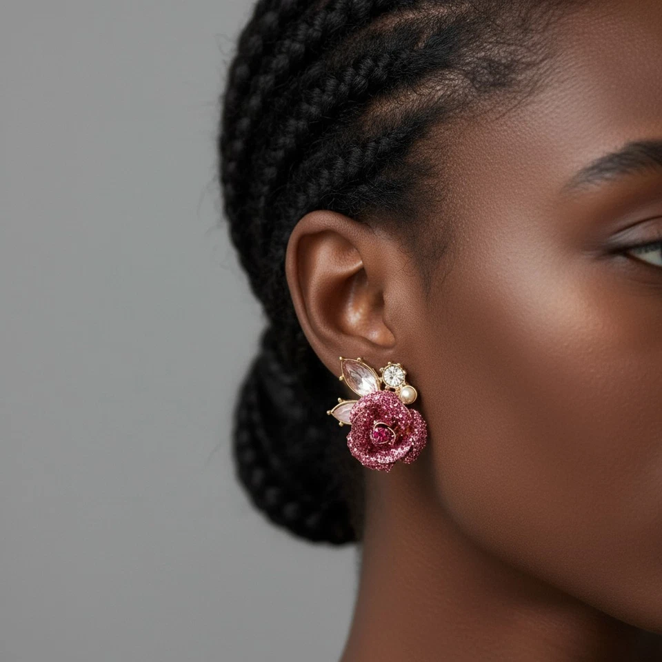 Betsey Johnson Mismatch Stud Earrings Glitter Rose | Mixed Stones and Pearls - Image 3 of 4