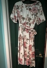 Floral Fit & Flare Midi Dress XL Ivory Pink Green Belted Short Flutter Sleeve