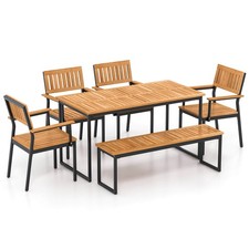 6 Pieces Outdoor Acacia Wood Dining Set w/Bench 2" Umbrella Hole for 6-7 People