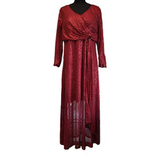 Women's Long Sleeve Sequin Dress Formal Gowns V-Neck Maxi Dress Burgundy Red 2XL