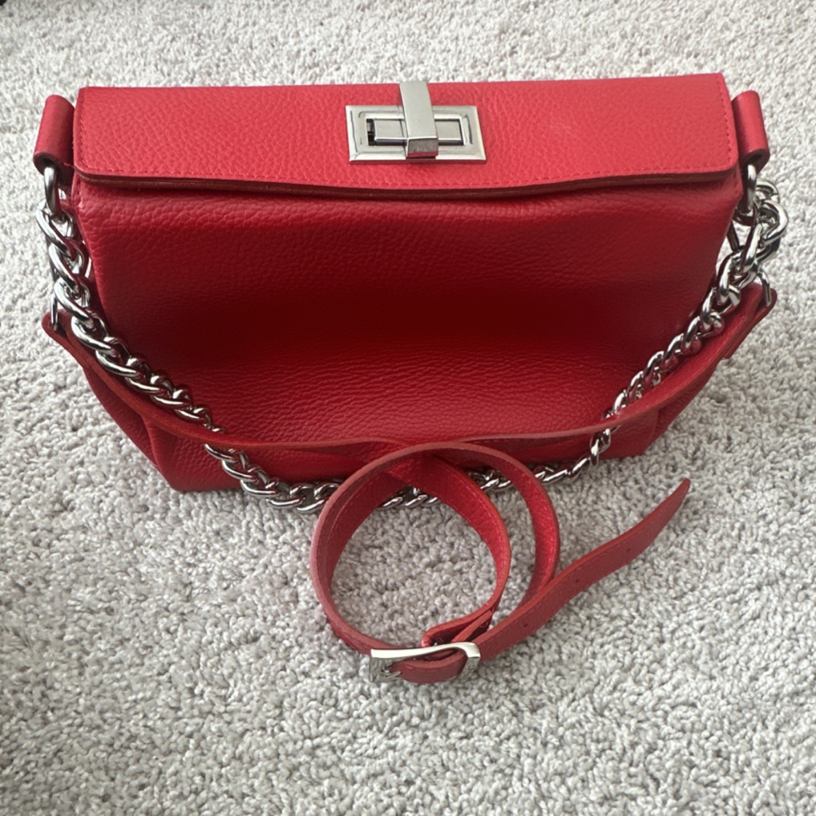 Viola Castellani Red Shoulder Bag Chain Strap Turn Lock Silver Hardware