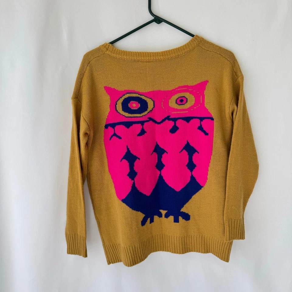 Hot & Delicious Womens Sweater Size S M Owl Mustard Yellow Pink All Over Print - Image 4 of 4