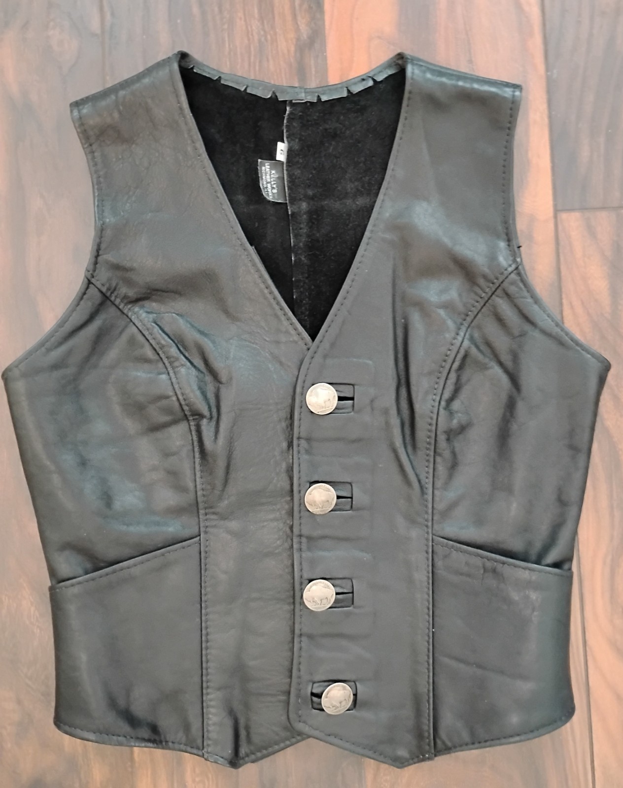 Vintage 90s 100% Black Leather Vest W/ Pockets And Buffalo Nickel Buttons Size 6