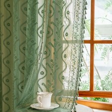 Olive Green Lace Curtains 84 Inch 2 Panel   Beautiful Summer Boho Sheer Drape...