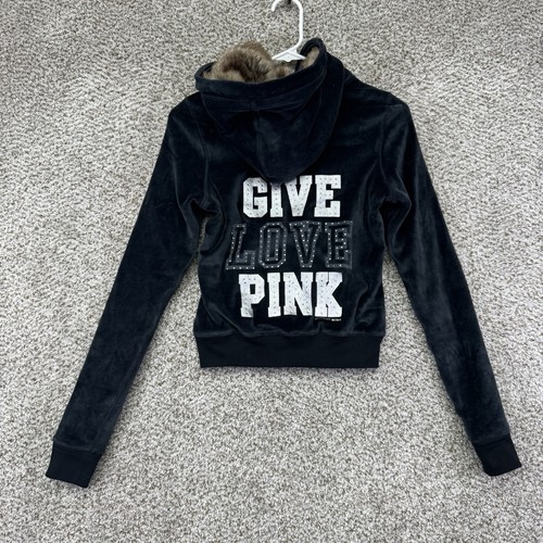 Vintage Y2K PINK Victoria's Secret Bling Fur Lined Hoodie Jacket Women's XS NEW