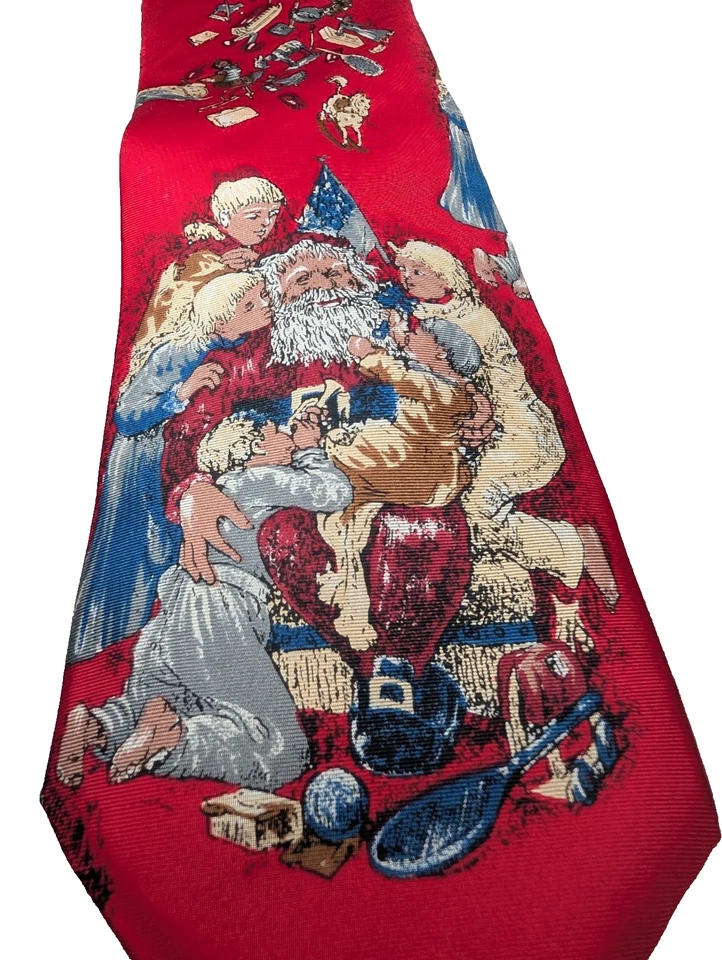 VINTAGE Dillard's Red 100% Silk Christmas Necktie Tie Old World Santa Claus 59" - Image 3 of 4