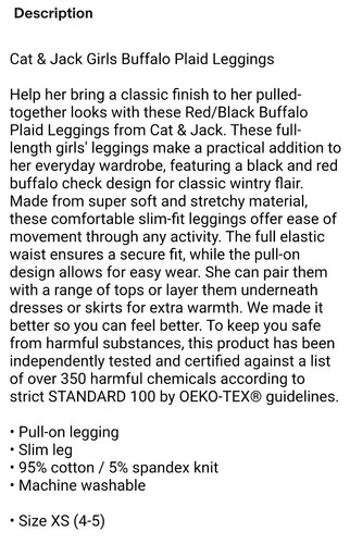 Cat & Jack Girls XS (4-5) NWT Red / Black Buffalo Plaid Leggings - Picture 2 of 2