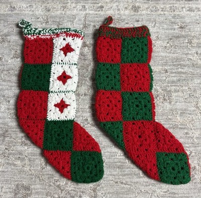 Vtg Handmade Lot of 2 Crochet Granny Square Christmas Stockings White Red Green!