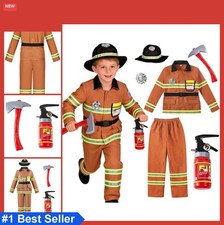 Kids Firefighter Costume Boys Halloween Dress Up Hat Jacket Pants Badge Belt Ax
