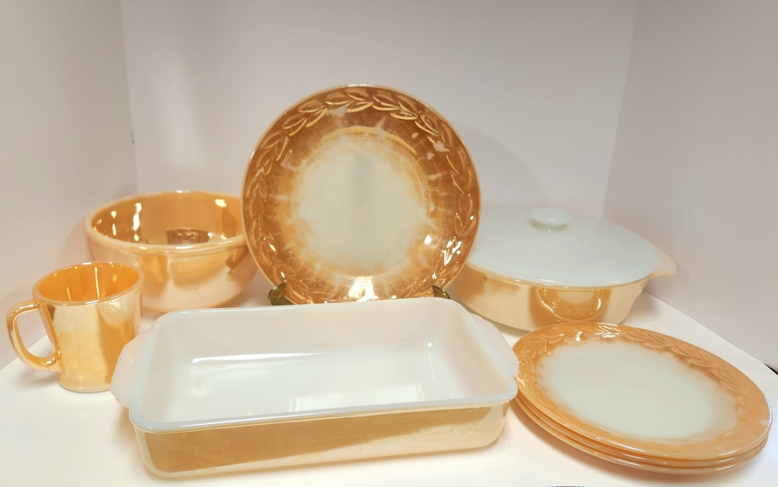 Vintage Fire-King Peach Lustre 8pc Dinner & Bakeware Set USA Mid Century