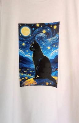 Damen T-Shirt weiß Größe L Katze schwarz Mond und Sterne