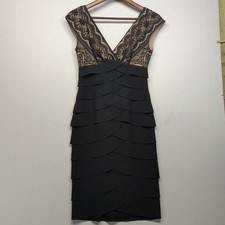 Adrianna Papell Women's Size 0 Black Floral Lace Sleeveless Tiered Surplice Dres