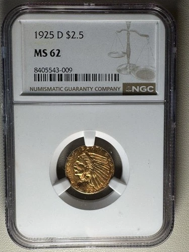 1925-D GOLD Indian Head $2.50 Quarter Eagle CERTIFIED NGC MS 62