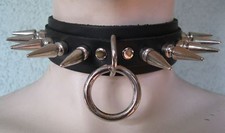 Black Leather Collar,Choker 1 Ring and Long Spikes