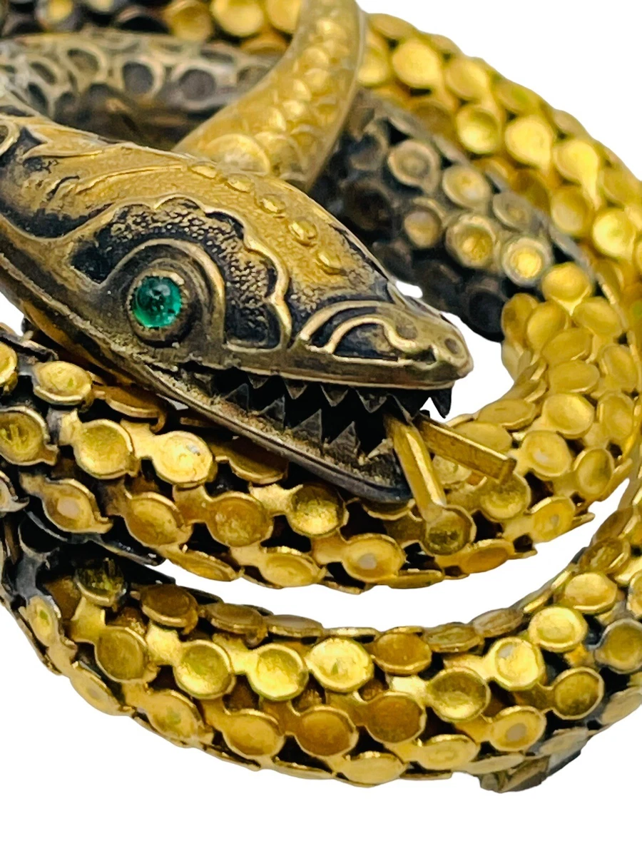 Victorian Antique Snake Brooch Gold Filled Green Eyes