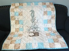 Handmade Baby Boy's Crib Quilt, Large Seahorse w. Sand Dollars Shells 42" x 50"