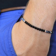 MEGBERRY® Mens Bracelet - Natural Black Onyx, Obsidian beads 925 Sterling Silver