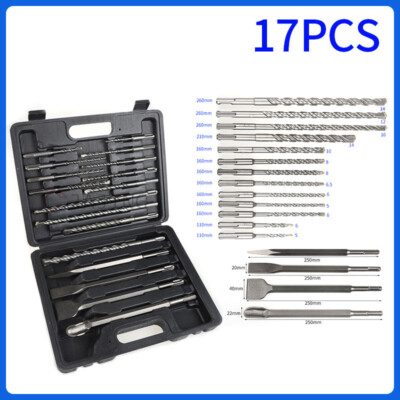 17Pcs SDS Plus Rotary Hammer Bits Drill Bit & Chisel Set Groove Concrete w/ Box