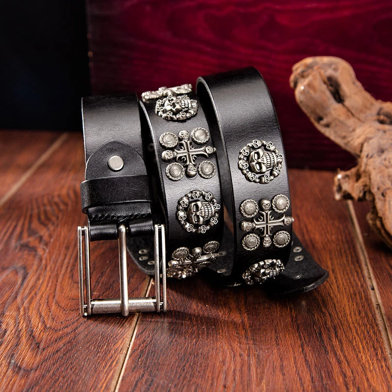 Hombres Retro Metal Remache Tachonado Cinturón Vaquero Cuero Genuino Punk Calavera Jeans Cinturones Foto 4 de 4