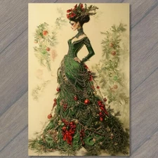 POSTCARD Green Victorian Dress Christmas Lady Holiday Elegance Festive Xmas