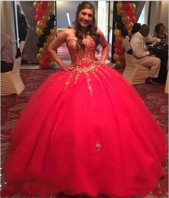 gold and red quinceanera dresses
