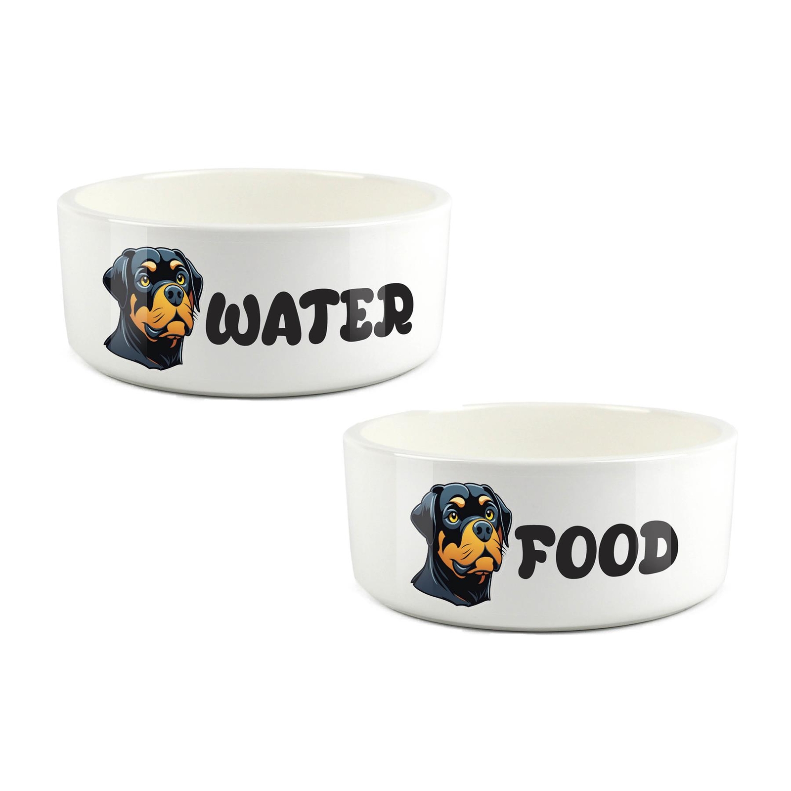 Rottweiler Food & Water Bowl Set - Ceramic Cartoon Dog Feeding Dishes Gift
