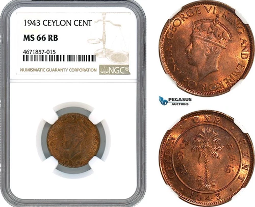 AJ688, Ceylon, George VI, 1 Cent 1943, NGC MS66RB